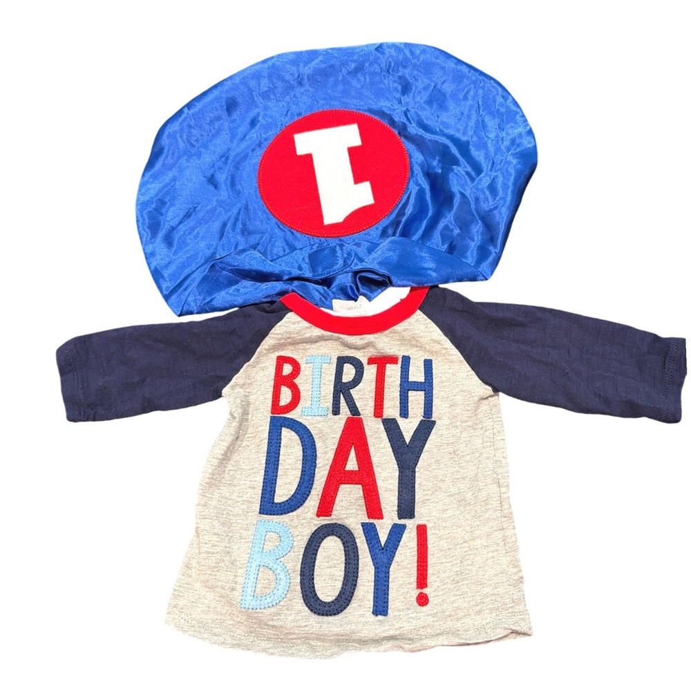 Mud Pie Birthday Boy 1st Birthday Shirt and Cape Set 12-18 Months Blue Red Grey